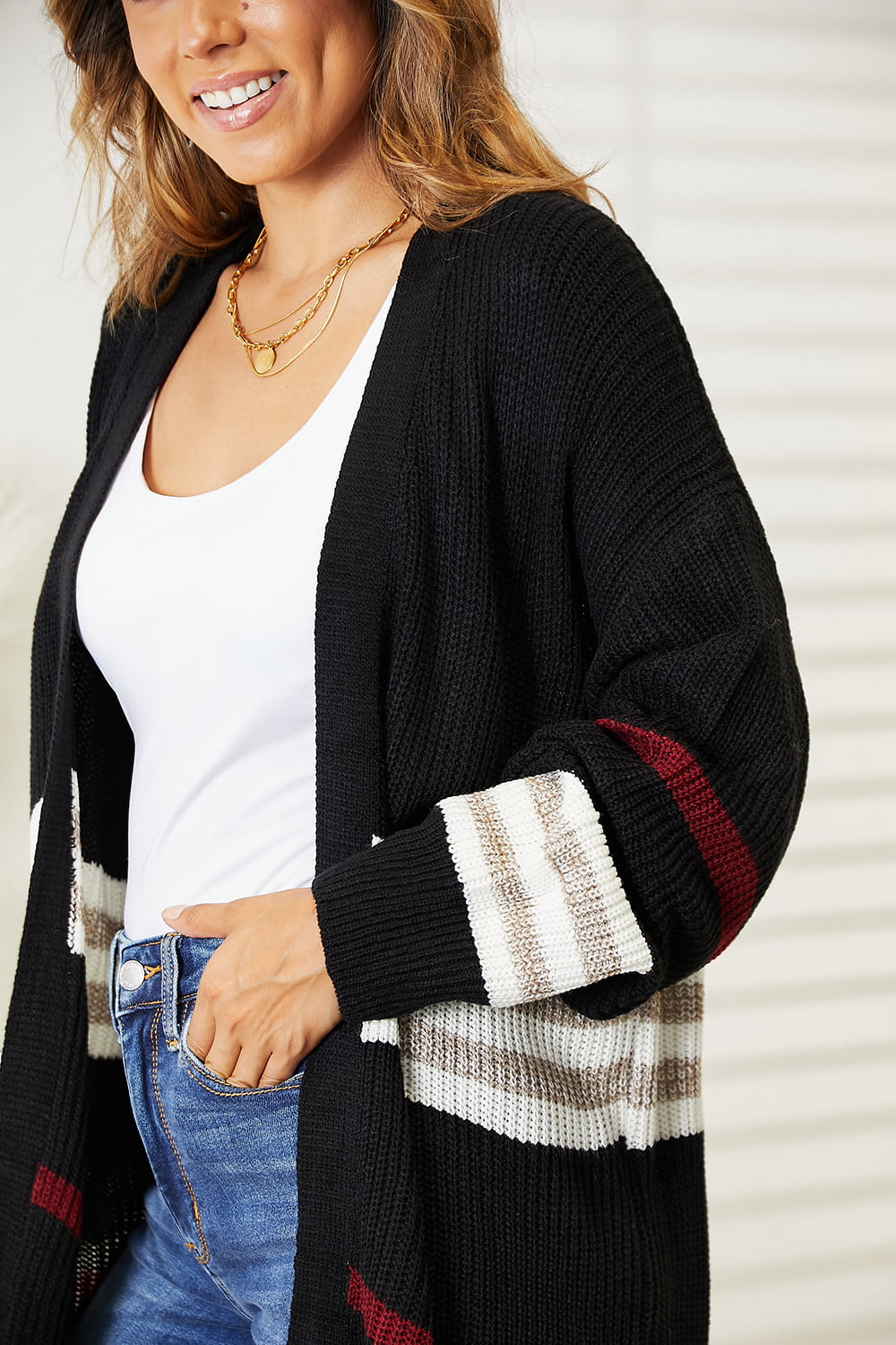 Perfee Marlowe Striped Rib-Knit Drop Shoulder Open Front Cardigan