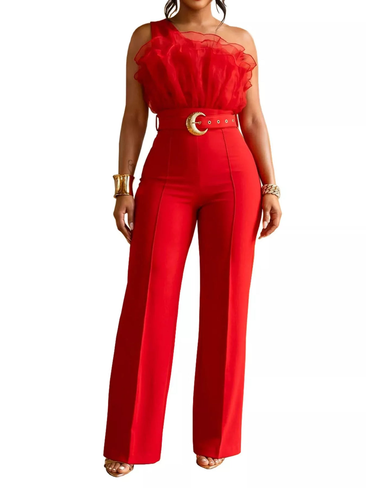 Modern Finesse Flora One-Shoulder Ruffled Wide-Leg Jumpsuit
