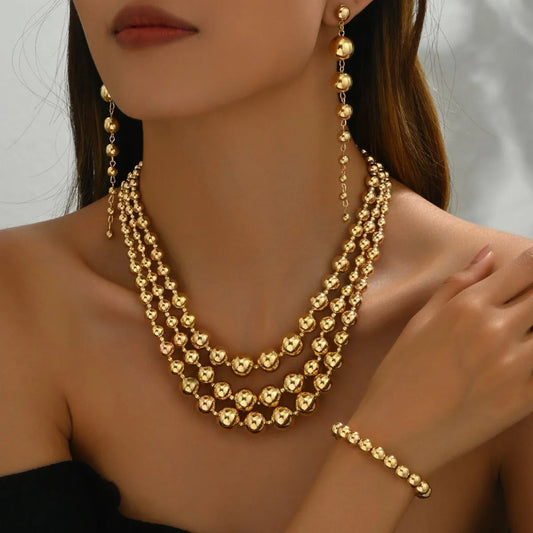HOF Isla 18K Stainless Steel Beaded Multi-Layered Necklace Bracelet Earrings Jewelry Set