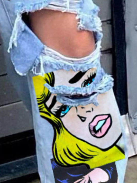 Modern Finesse Pop Art Distressed Wide-Leg Jeans - Plus Size