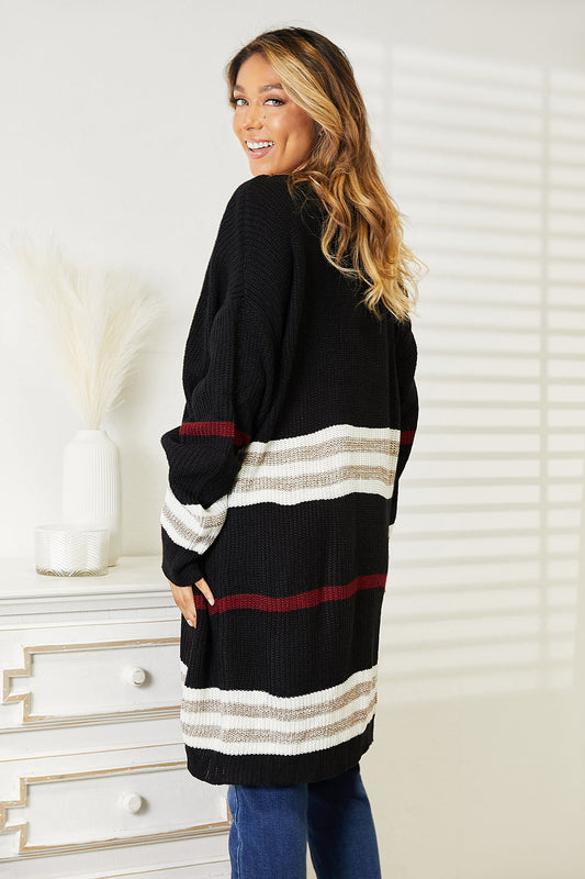 Perfee Marlowe Striped Rib-Knit Drop Shoulder Open Front Cardigan