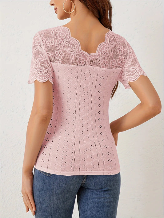 Modern Finesse Marlowe Lace Scalloped V-Neck Eyelet T-Shirt