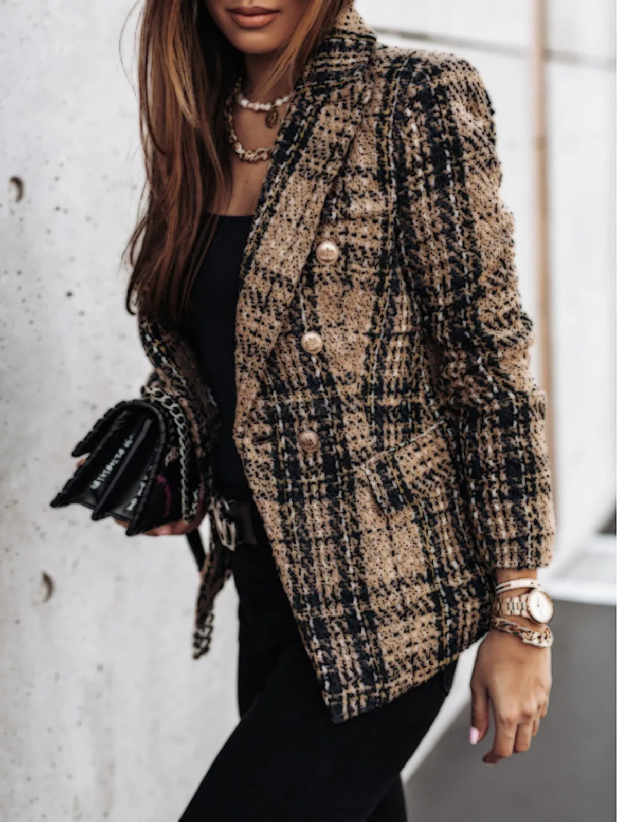 Modern Finesse Heritage Plaid Tweed Double-Breasted Blazer - Plus Size