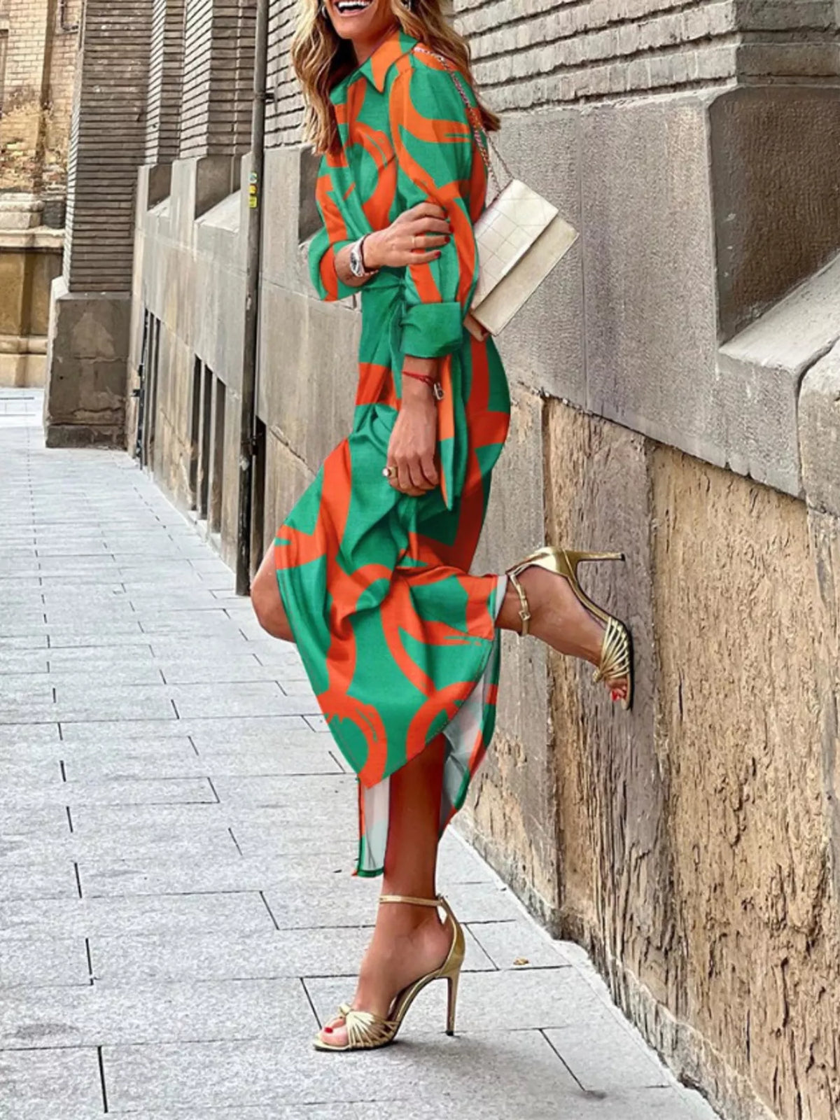 Modern Finesse Arden Printed Collared Neck Shirt Dress