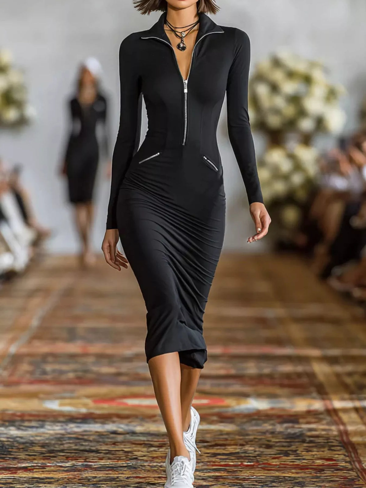 Zip Form Ruched Midi Dress - Plus Size