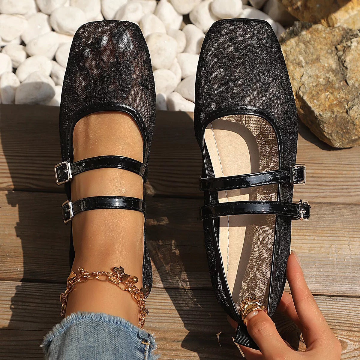 Modern Finesse Liora Square-Toe Lace Slip-Ons