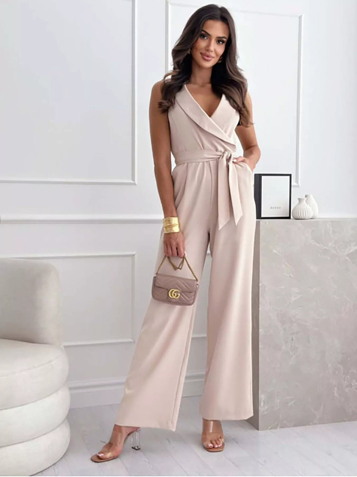 Modern Finesse Pearl Surplice Sleeveless Wide-Leg Jumpsuit