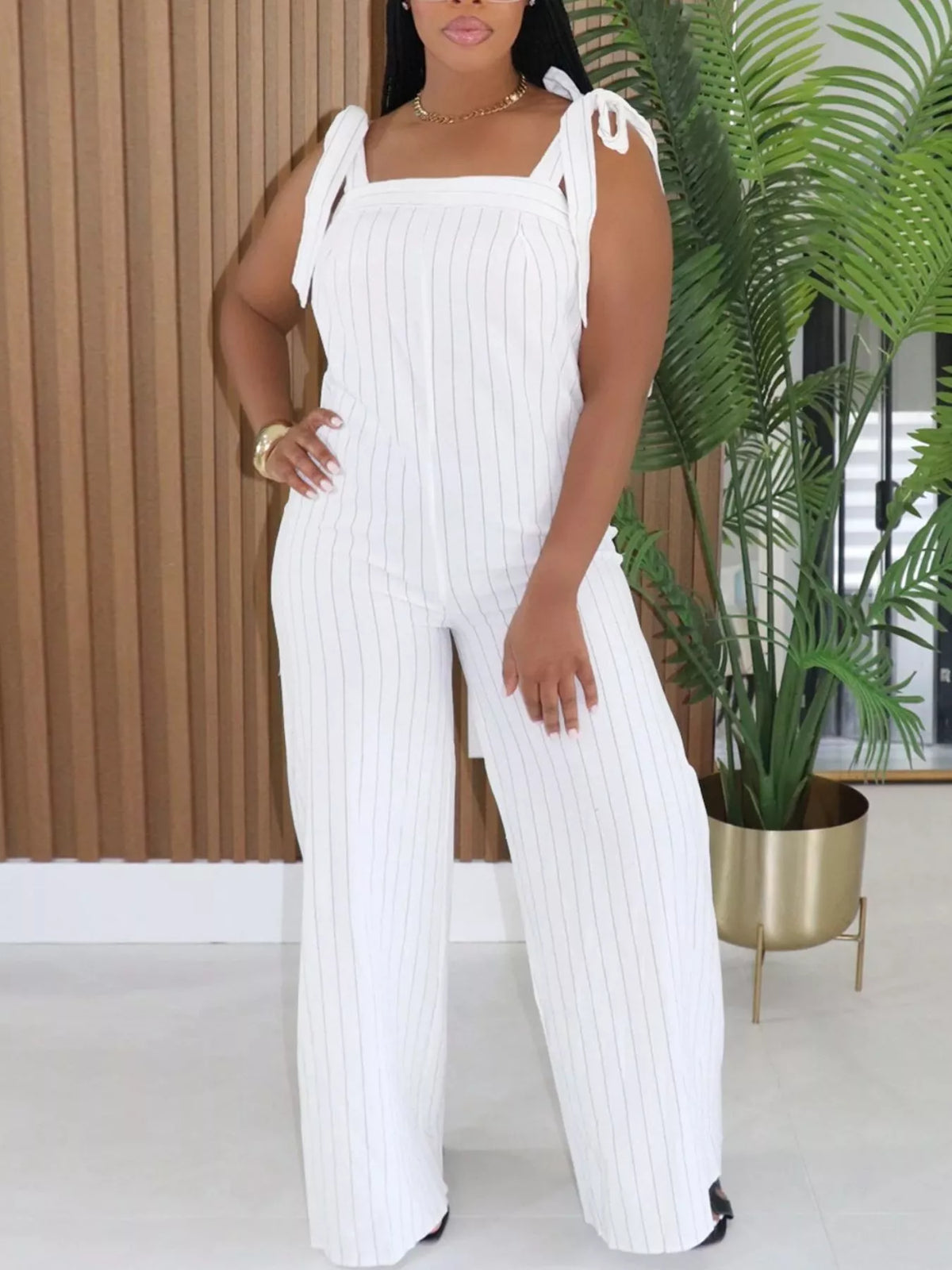 Modern Finesse Delphi Striped Tie-Shoulder Wide-Leg Jumpsuit