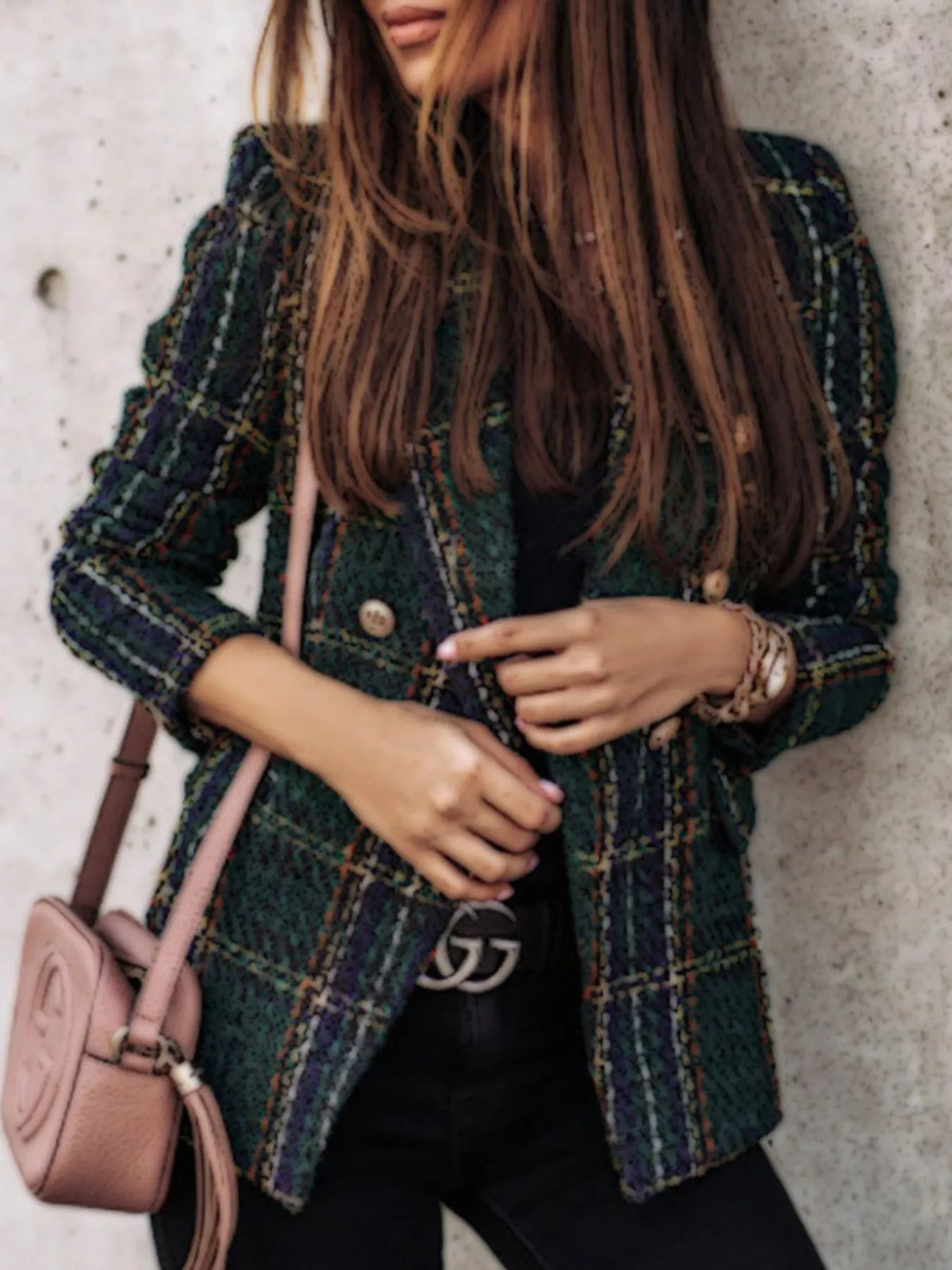 Modern Finesse Heritage Plaid Tweed Double-Breasted Blazer - Plus Size