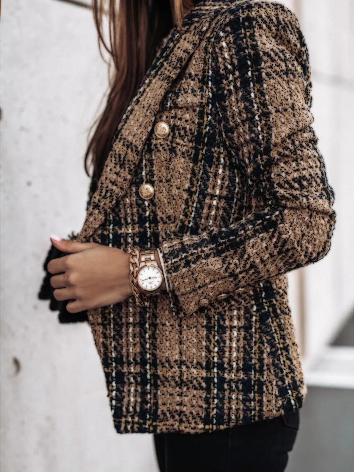 Modern Finesse Heritage Plaid Tweed Double-Breasted Blazer - Plus Size