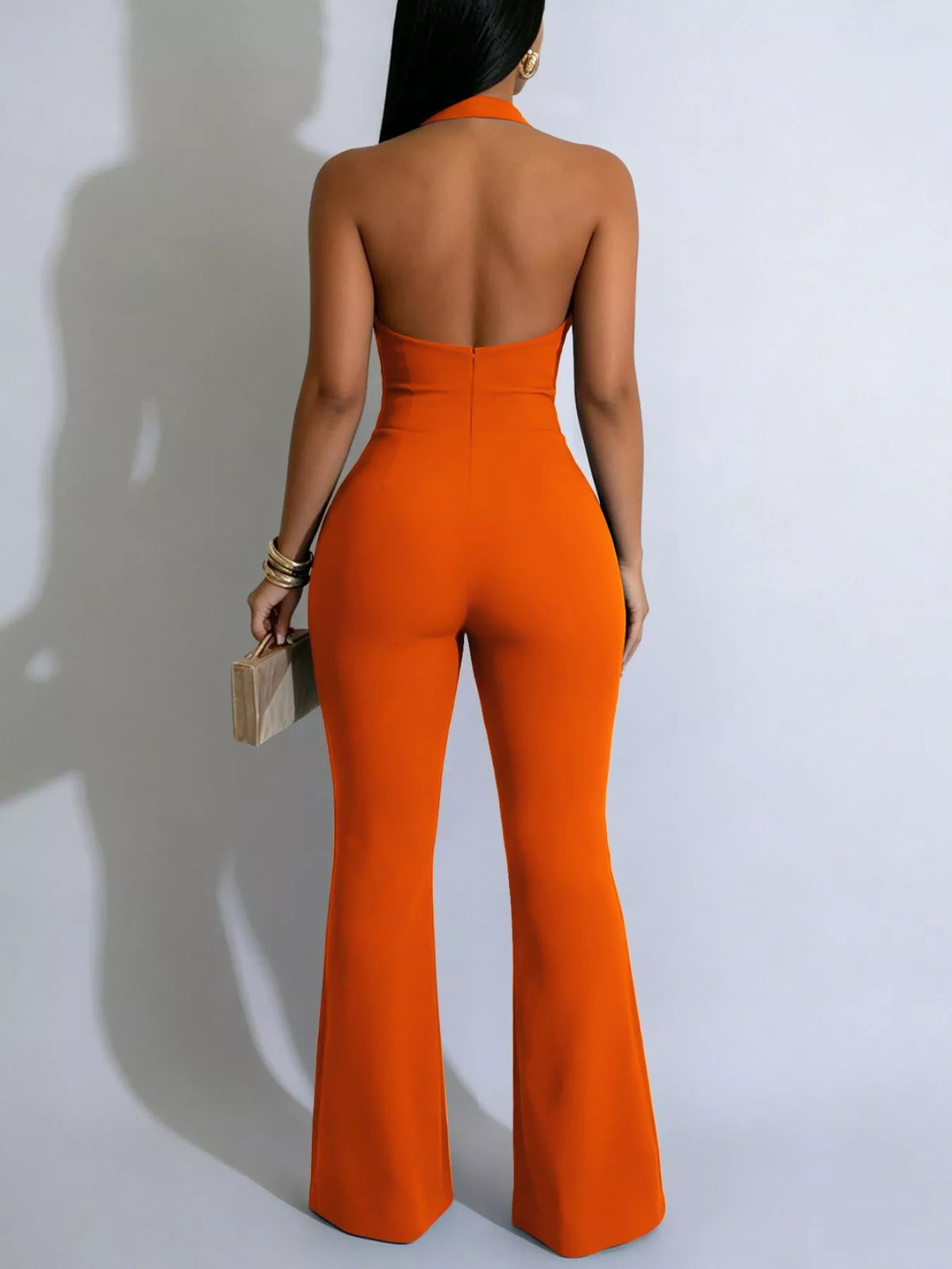 Modern Finesse Nora Halter Neck Cut-Out Flare Jumpsuit with Button Detail