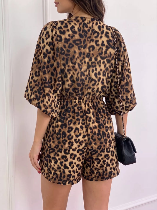 Modern Finesse Sienna V-Neck Leopard Print Puff Sleeve Romper