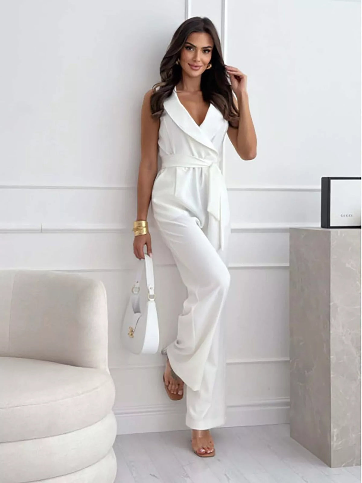 Modern Finesse Pearl Surplice Sleeveless Wide-Leg Jumpsuit