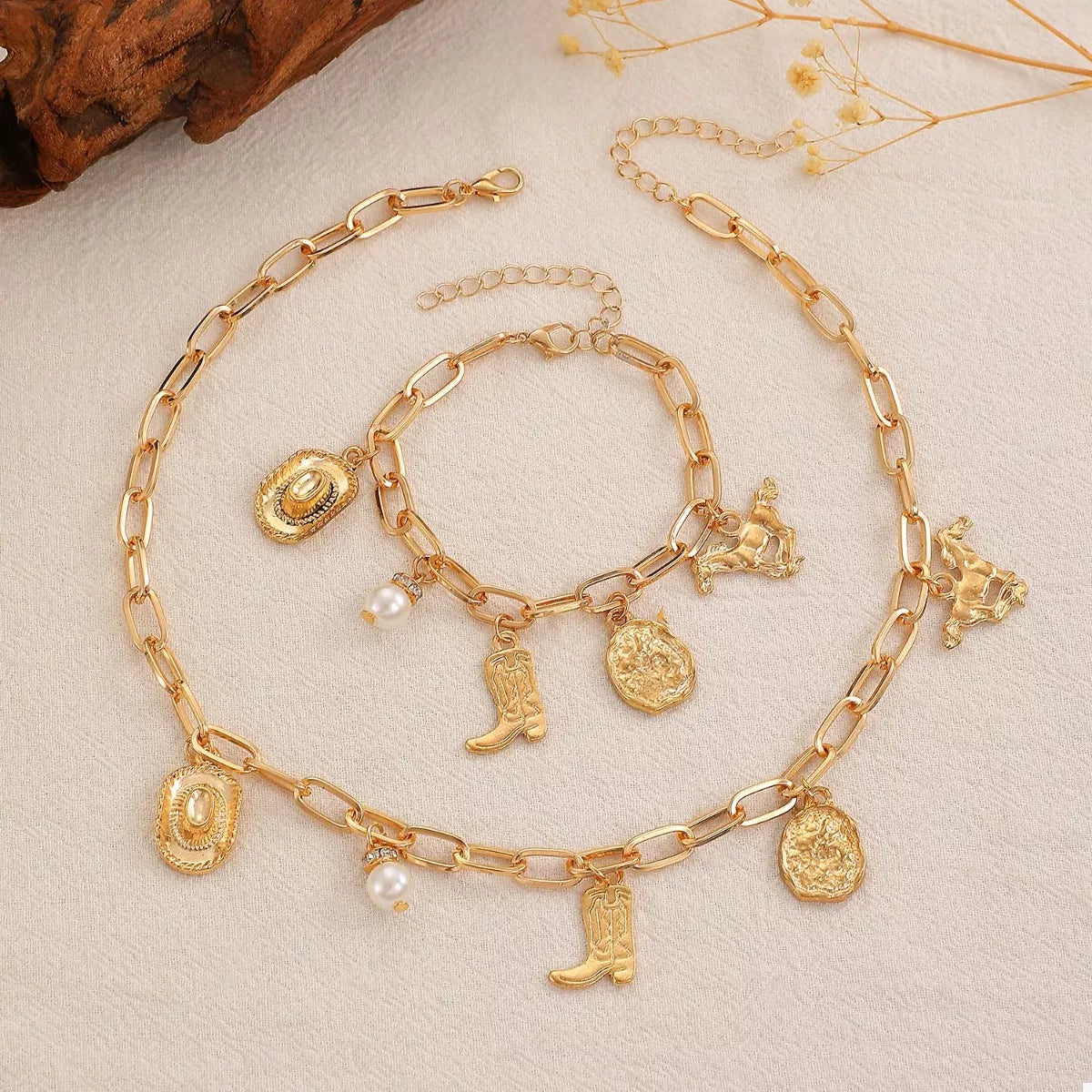 HOF Elara 18K Gold-Plated Charm Necklace and Bracelet Jewelry Set
