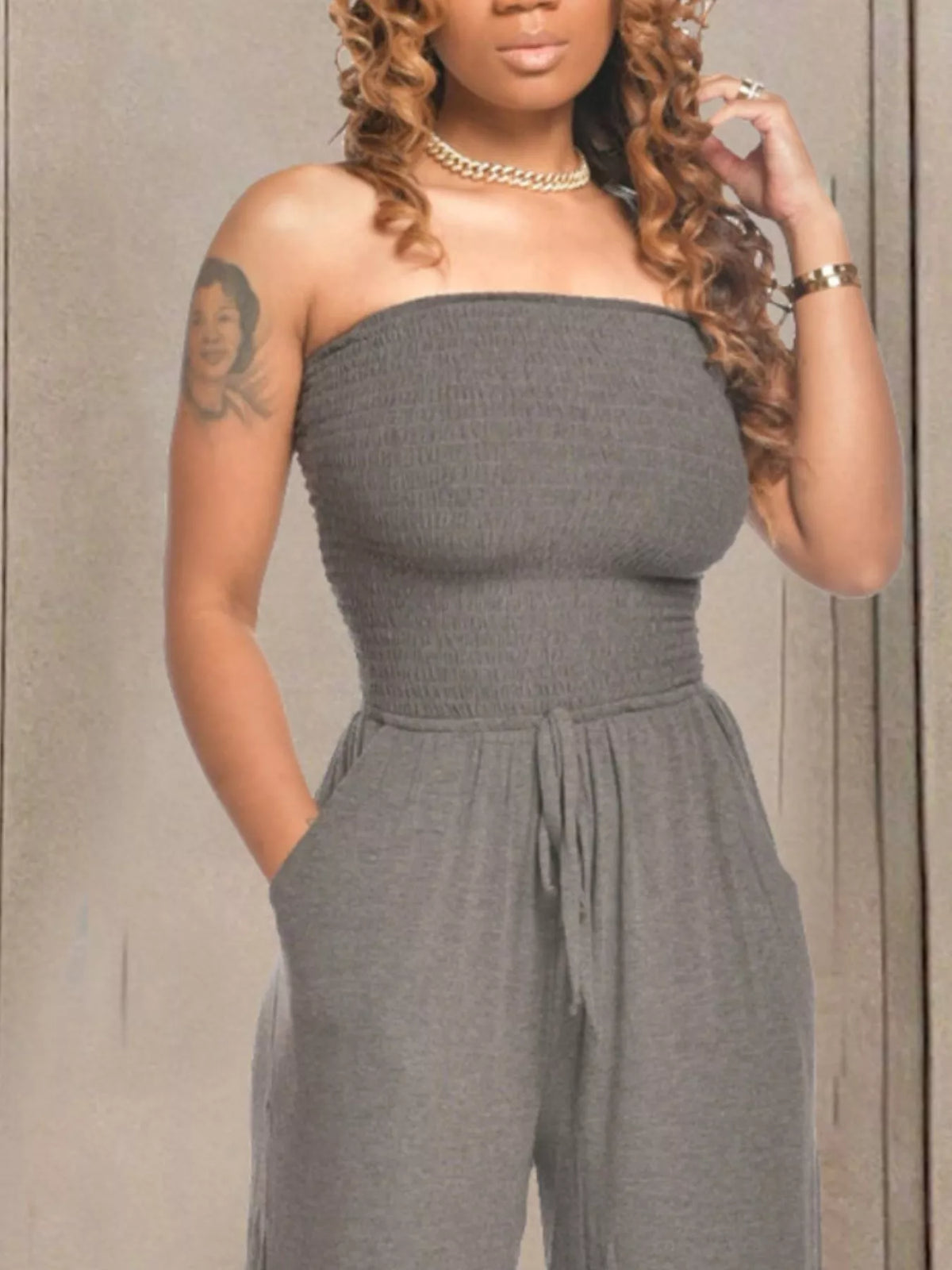 Modern Finesse Quinn Strapless Smocked Wide-Leg Jumpsuit