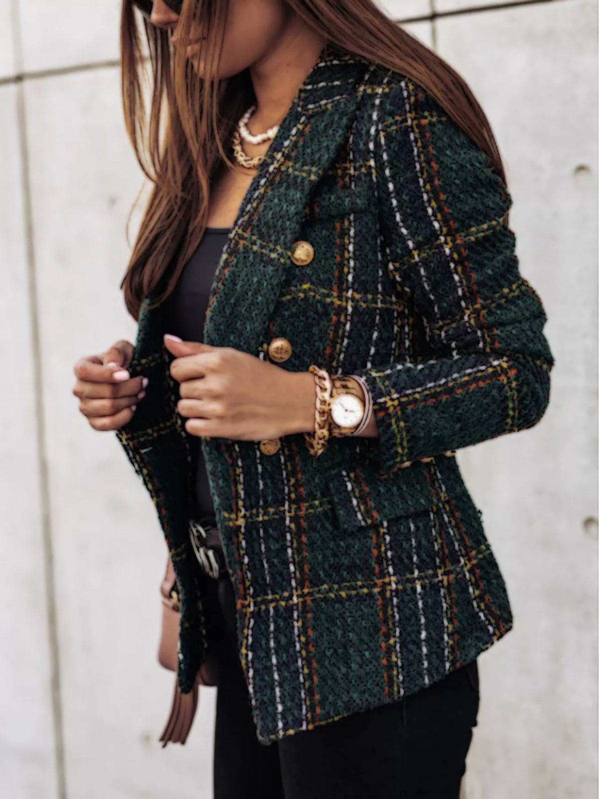 Modern Finesse Heritage Plaid Tweed Double-Breasted Blazer - Plus Size