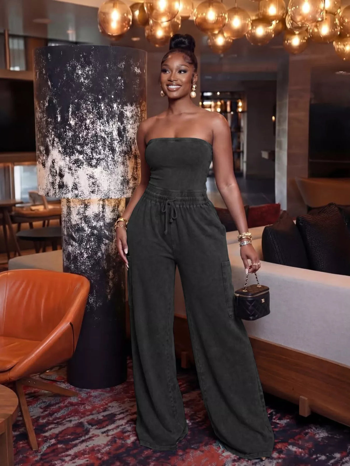 Modern Finesse Remy Drawstring Strapless Wide-Leg Jumpsuit