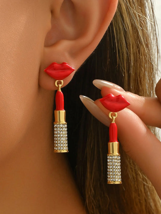 HOF Brielle Stainless Steel Resin Lips Lipstick Rhinestone Earrings