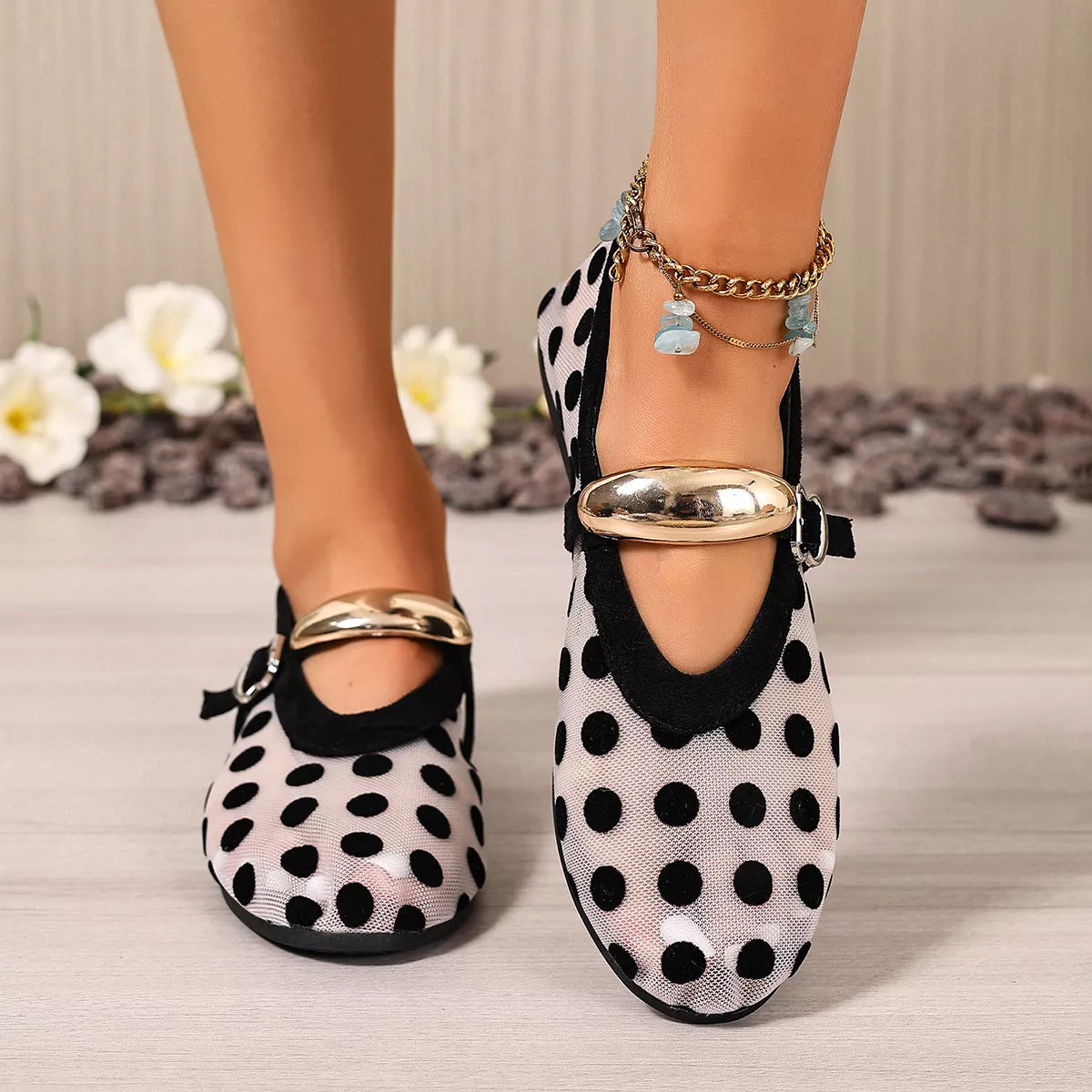 Modern Finesse Vale Polka Dot Mesh Slip-Ons