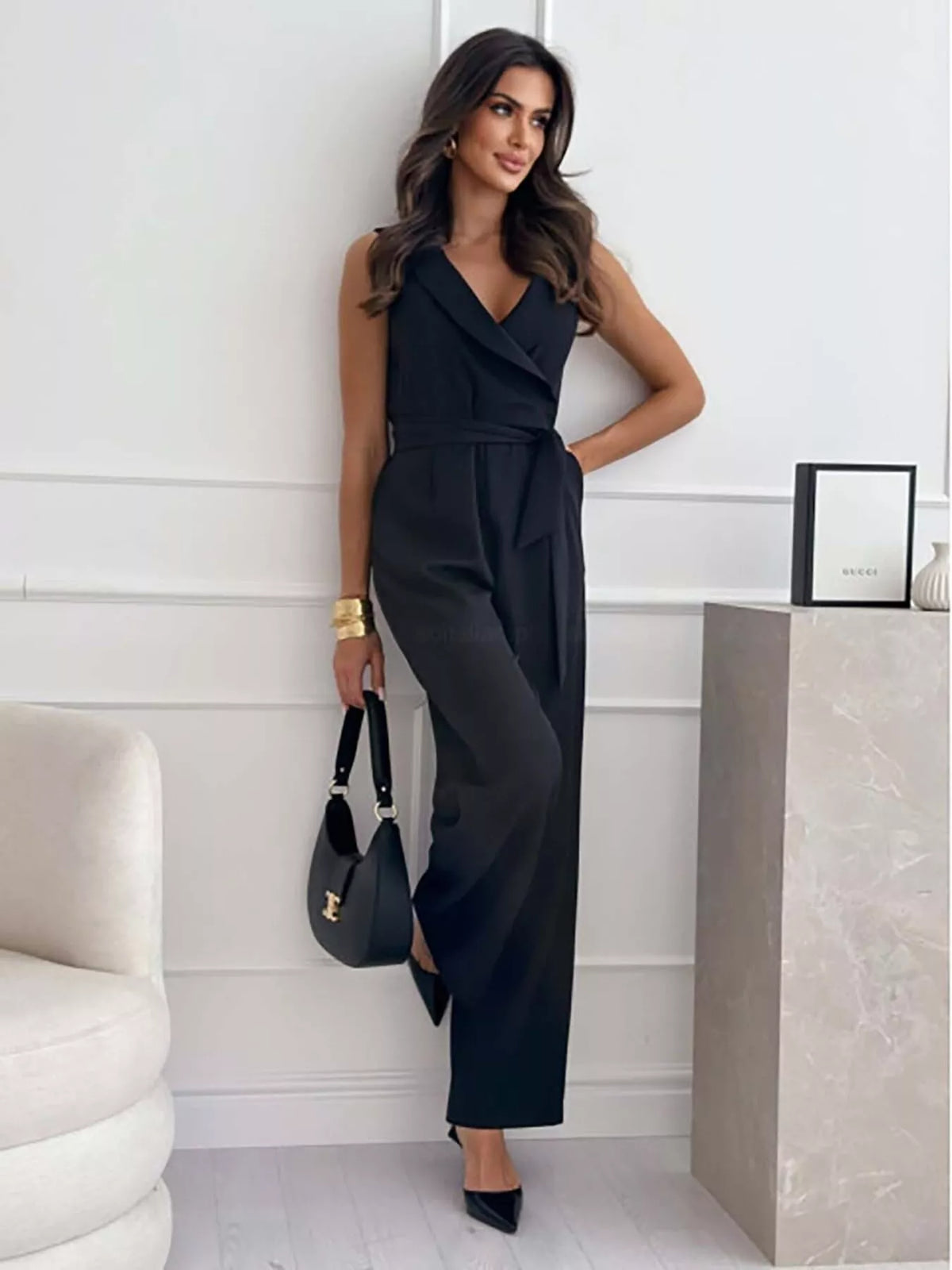 Modern Finesse Pearl Surplice Sleeveless Wide-Leg Jumpsuit