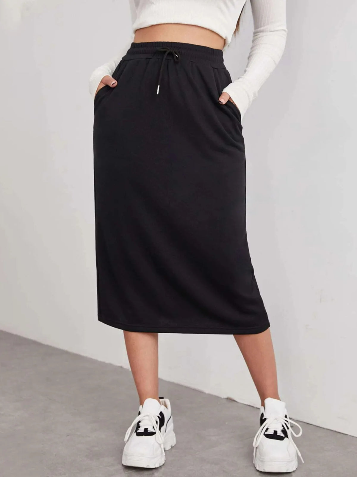 Modern Finesse Arden Slit Drawstring Midi Skirt