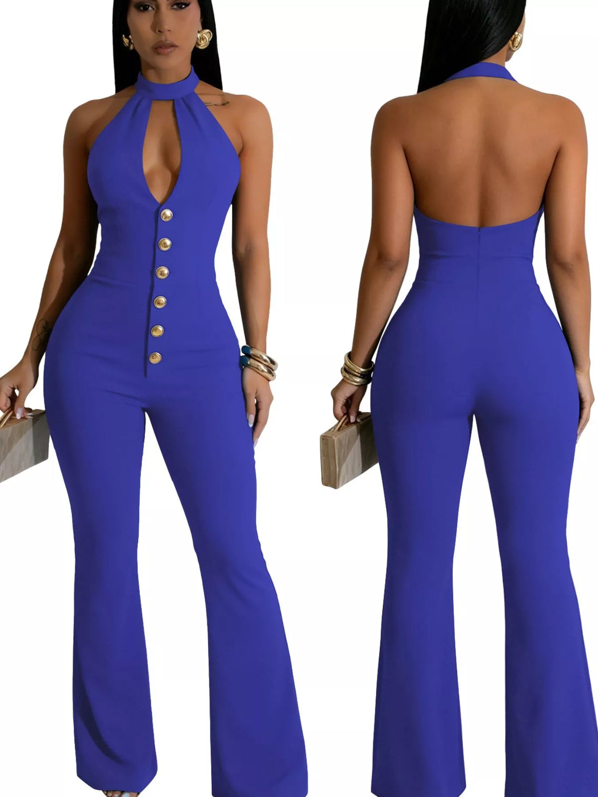 Modern Finesse Nora Halter Neck Cut-Out Flare Jumpsuit with Button Detail
