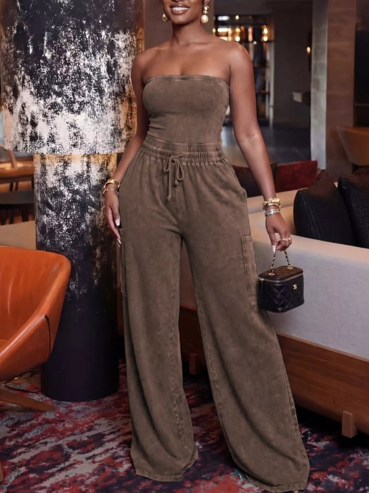 Modern Finesse Remy Drawstring Strapless Wide-Leg Jumpsuit