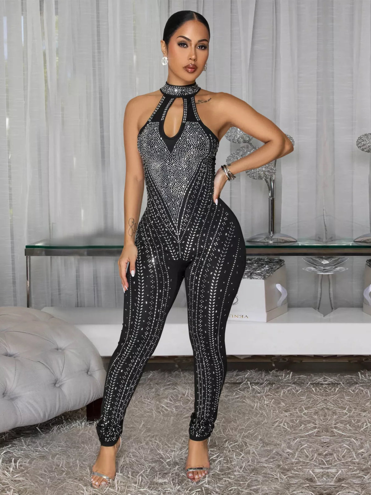 Modern Finesse Fable Sparkling Rhinestone Cutout Jumpsuit