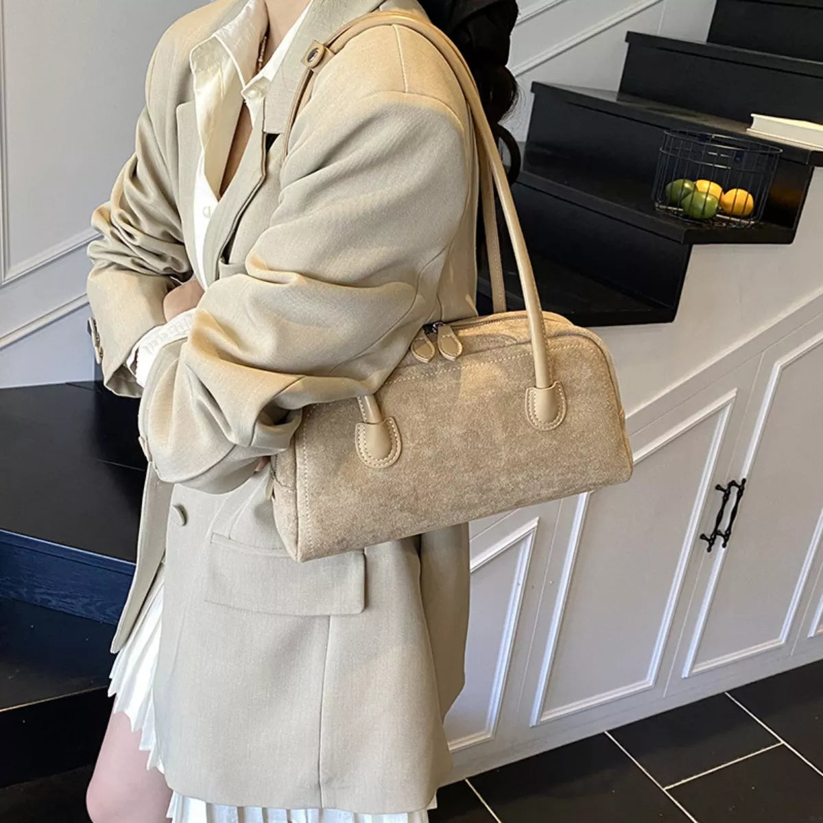 Modern Finesse Sienna Velvet Shoulder Bag with Leather Strap
