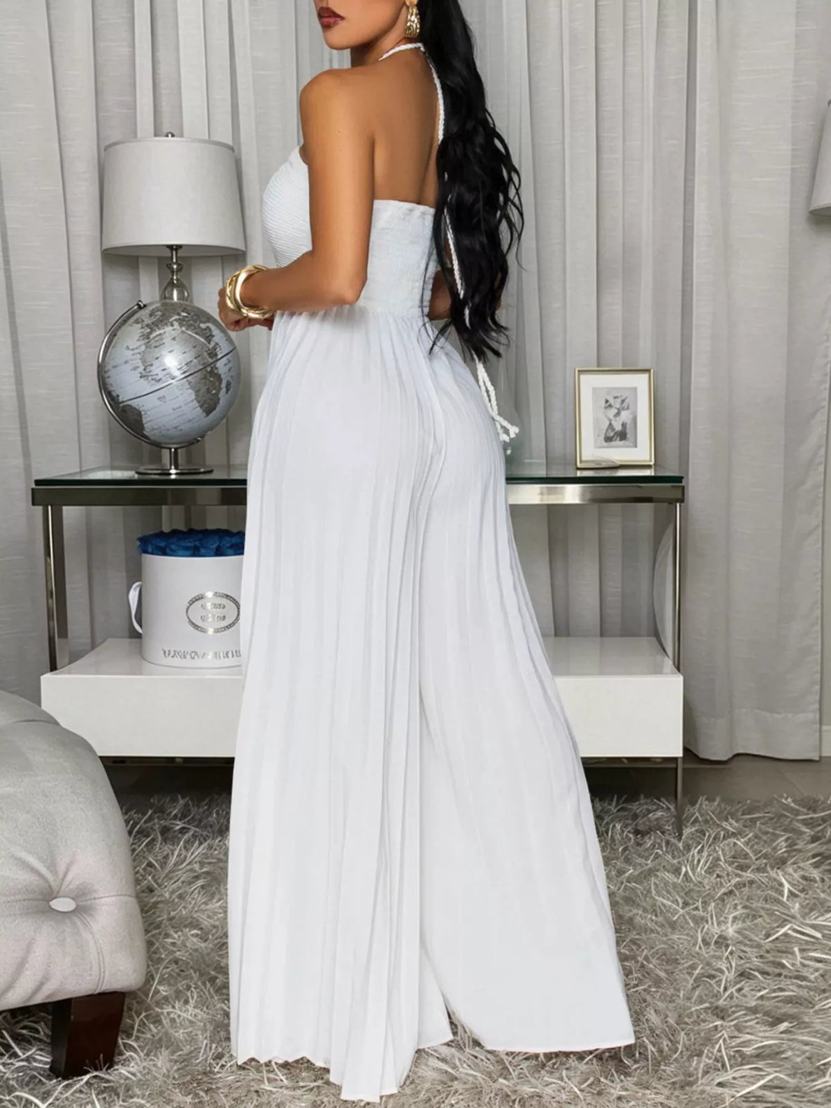 Modern Finesse Calla Pleated Halter Neck Wide-Leg Jumpsuit