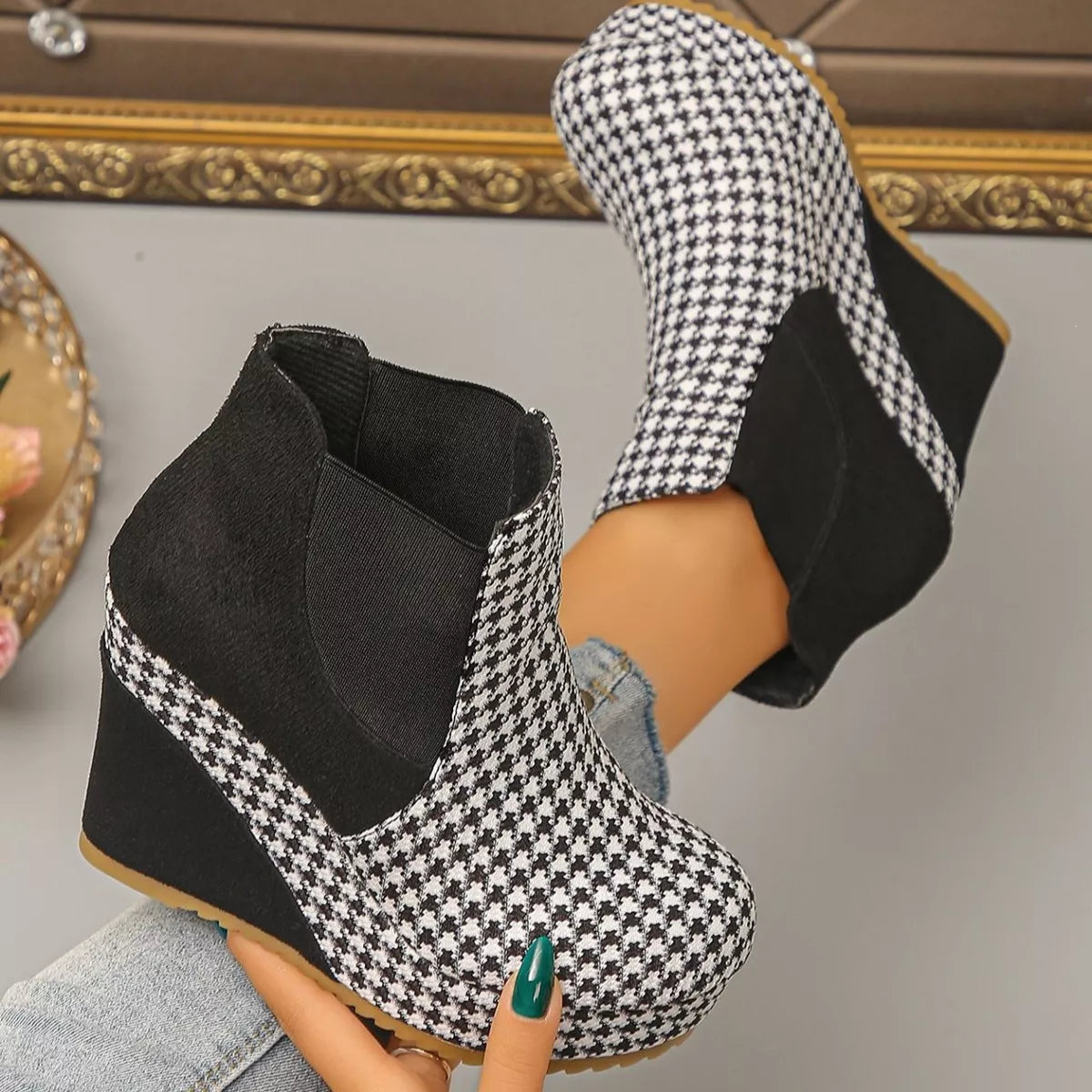 Modern Finesse Marlowe Houndstooth Pattern Wedge Ankle Boots