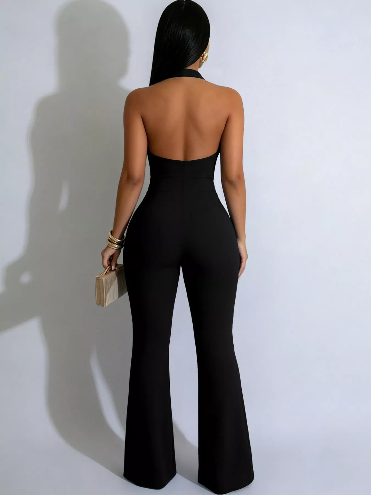 Modern Finesse Nora Halter Neck Cut-Out Flare Jumpsuit with Button Detail