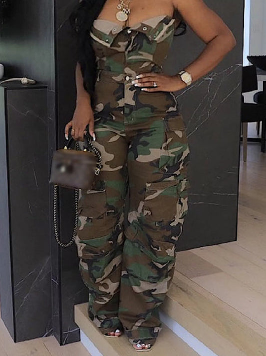 Modern Finesse Iris Camouflage Cargo Sleeveless Jumpsuit