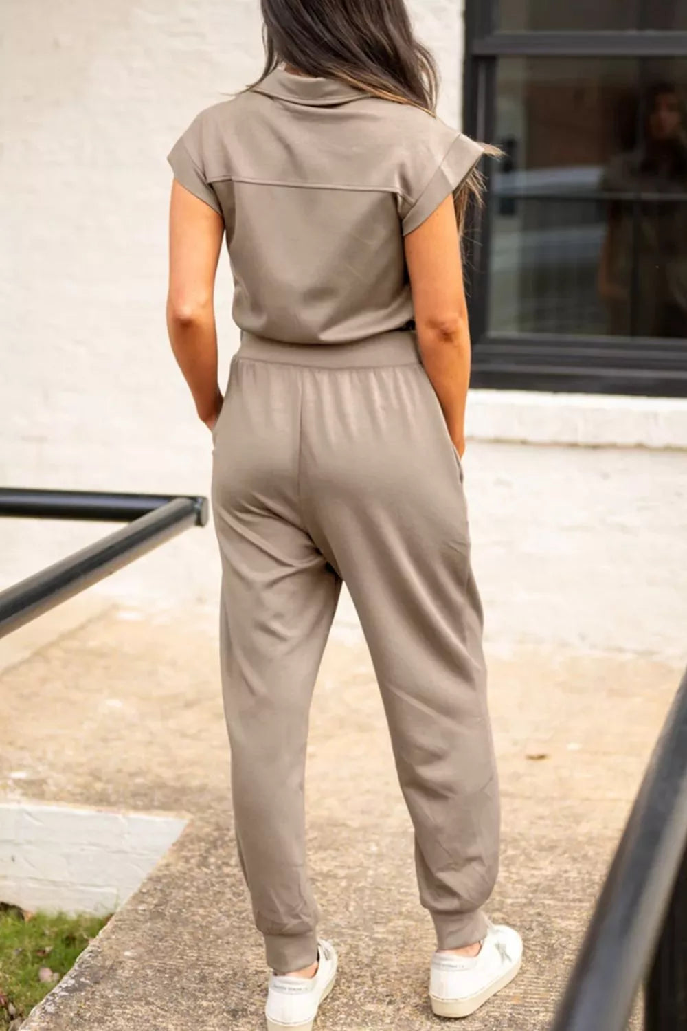 Modern Finesse Gaia Solid Color Zip Front Short Sleeve Collared Jumpsuit