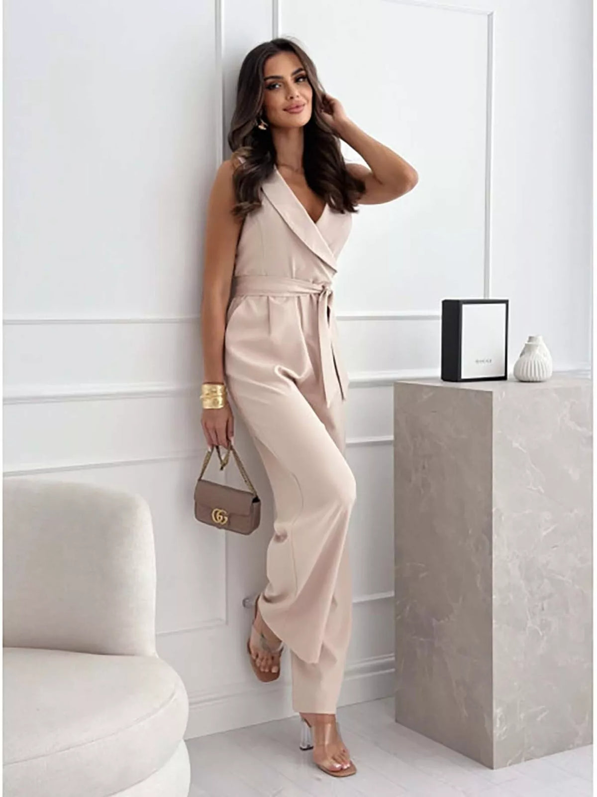 Modern Finesse Pearl Surplice Sleeveless Wide-Leg Jumpsuit