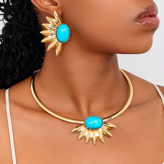 HOF Reverie Turquoise Sunflower Necklace and Earrings Jewelry Set