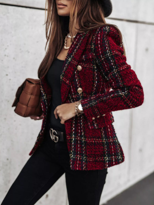 Heritage Plaid Tweed Double-Breasted Blazer - Plus Size