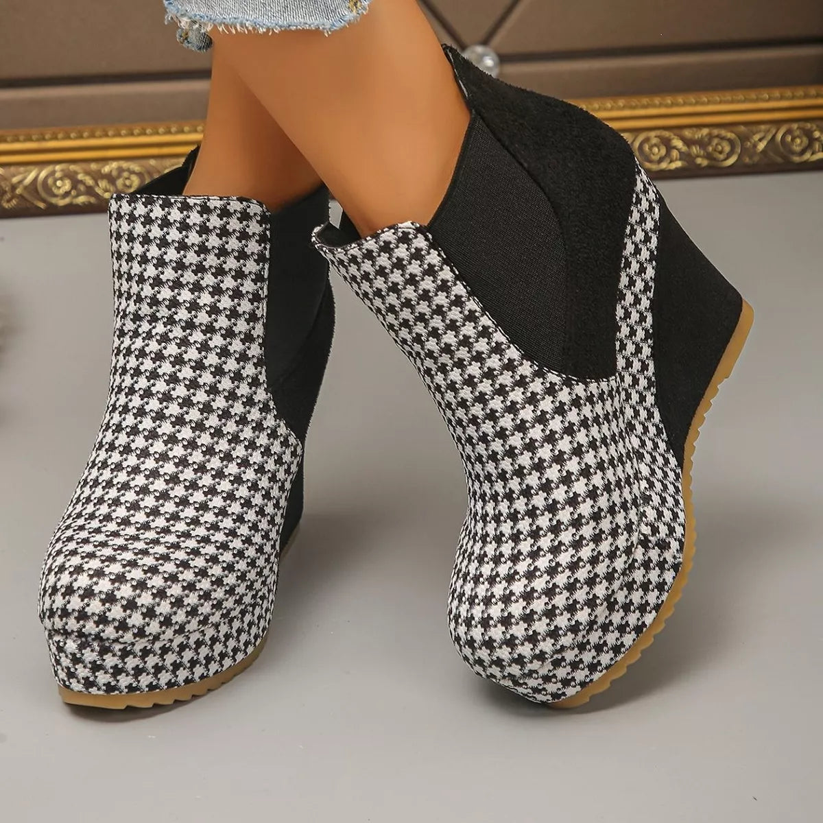 Modern Finesse Marlowe Houndstooth Pattern Wedge Ankle Boots