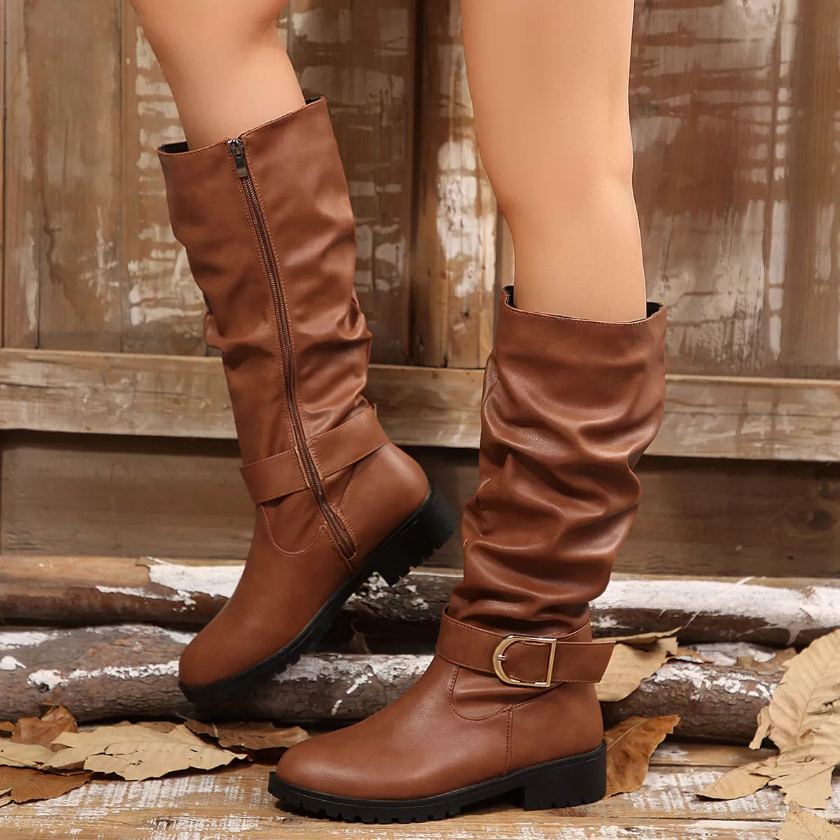 Modern Finesse Buckle Drift Slouchy Mid-Calf Boots
