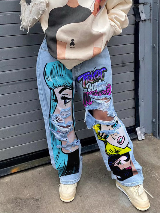 Modern Finesse Pop Art Distressed Wide-Leg Jeans - Plus Size