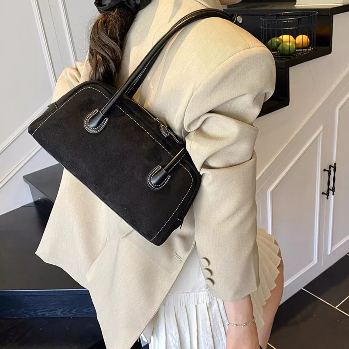Modern Finesse Sienna Velvet Shoulder Bag with Leather Strap