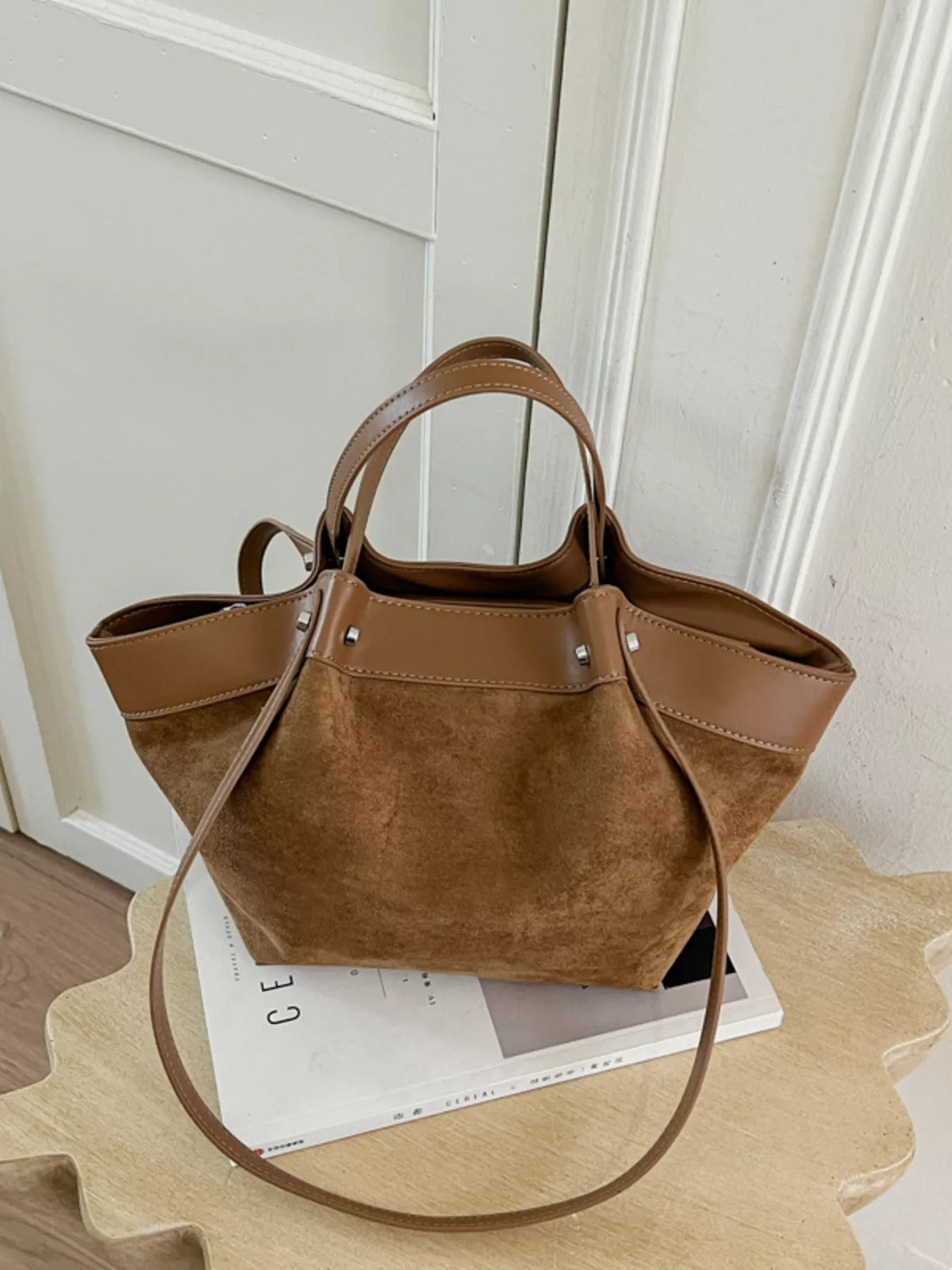 Modern Finesse Heritage PU Leather-Trim Suede Tote Bag