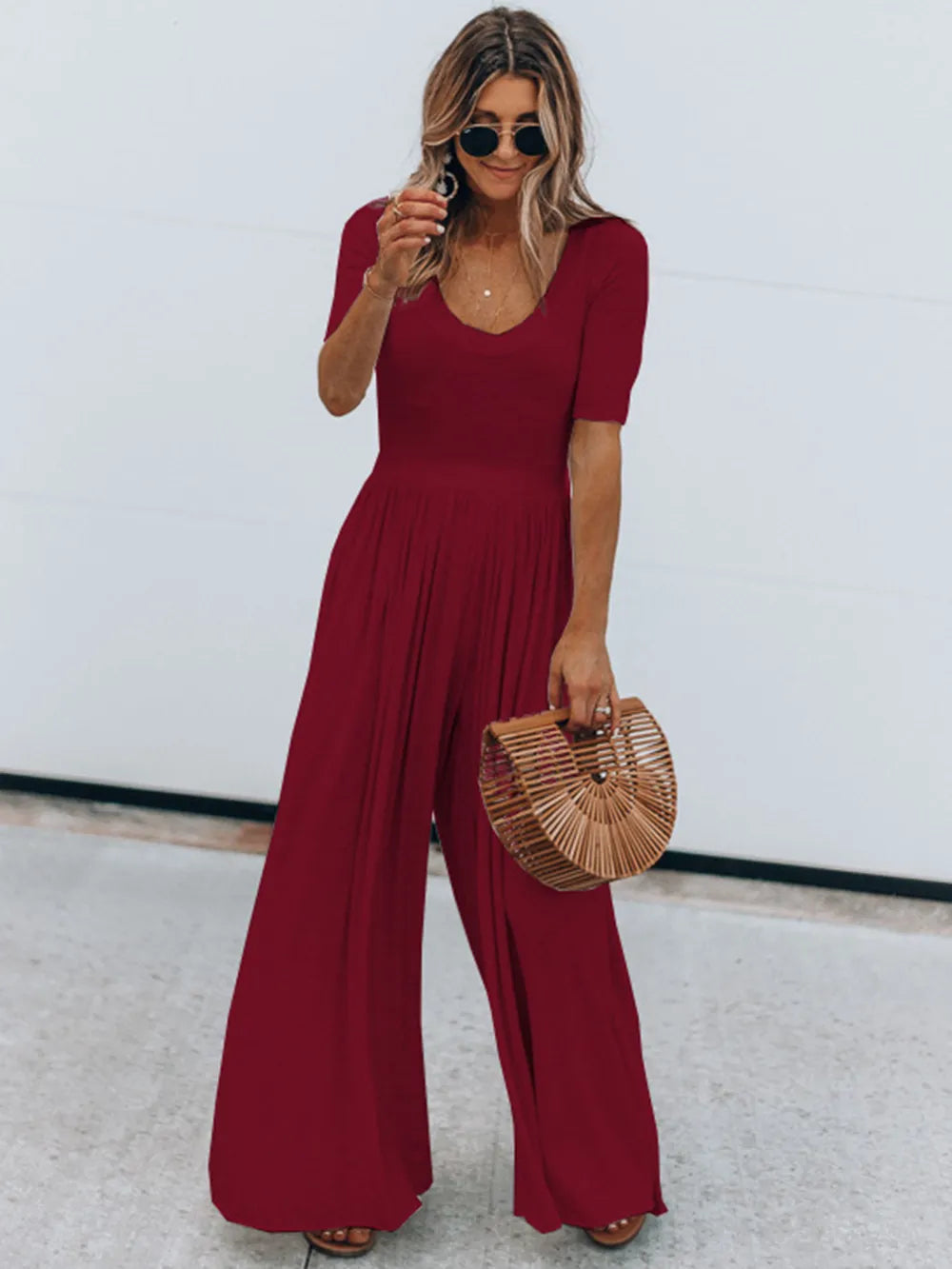 Modern Finesse Indigo Scoop Neck Short Sleeve Jumpsuit