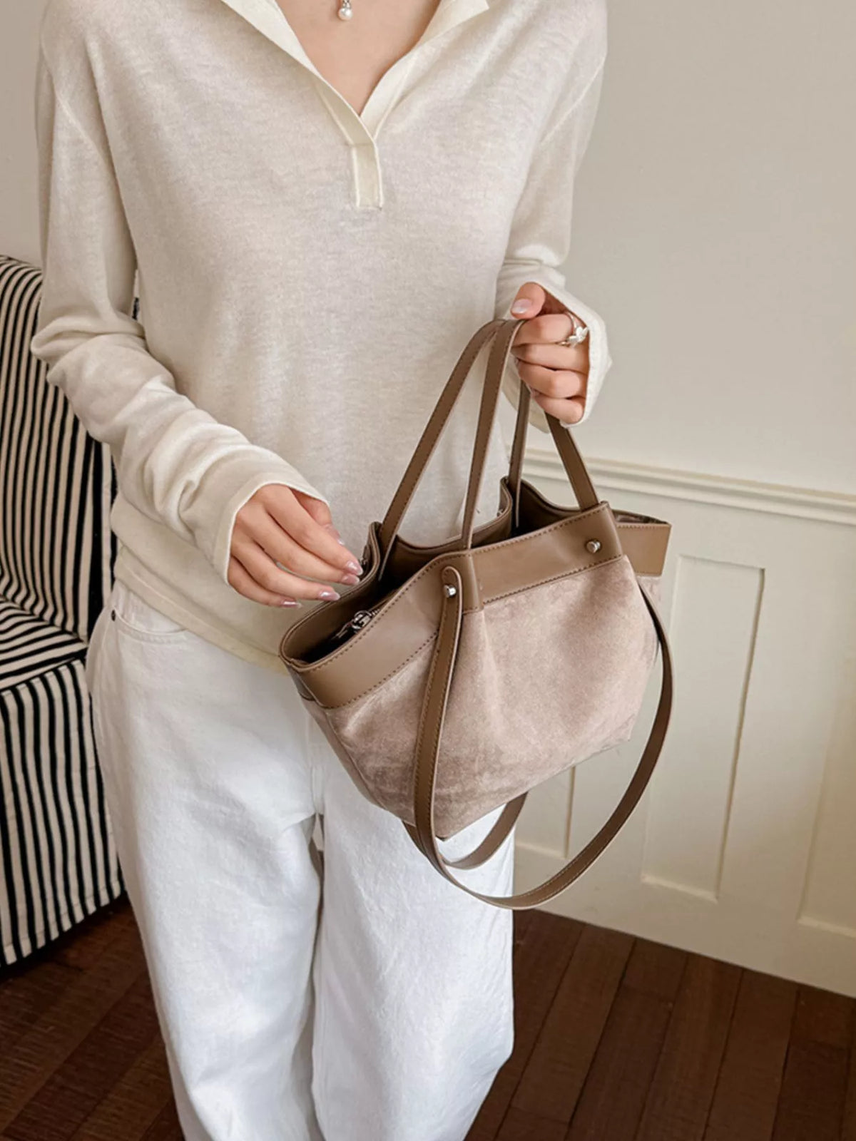 Modern Finesse Heritage PU Leather-Trim Suede Tote Bag