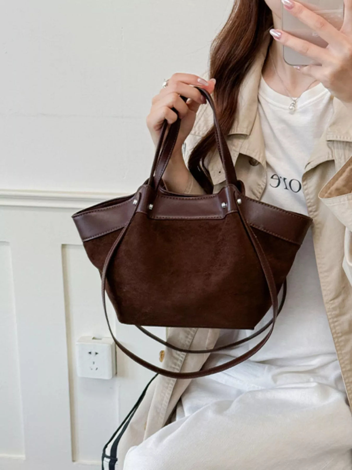 Modern Finesse Heritage PU Leather-Trim Suede Tote Bag