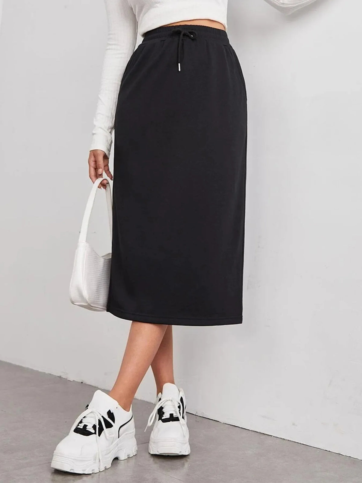 Modern Finesse Arden Slit Drawstring Midi Skirt
