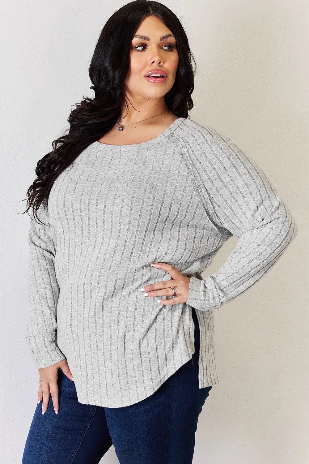 Basic Bae Sienna Ribbed Round Neck Slit T-Shirt