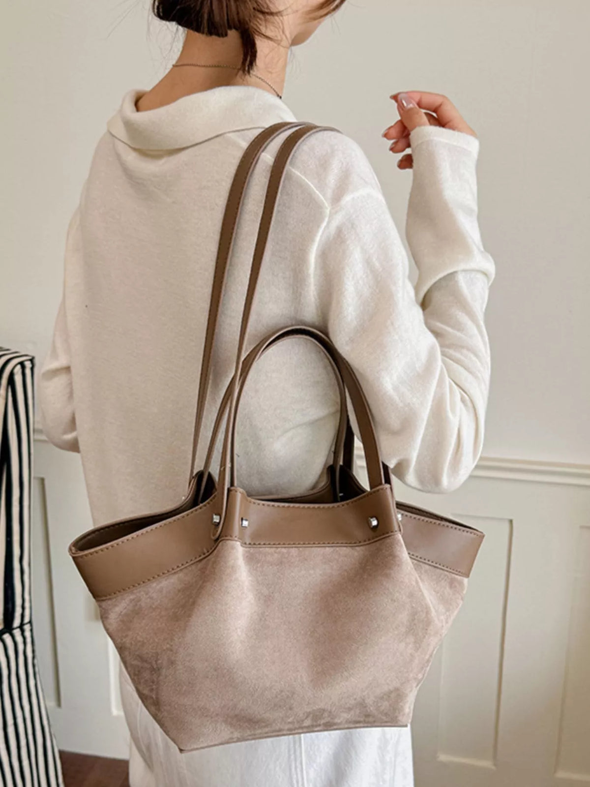 Modern Finesse Heritage PU Leather-Trim Suede Tote Bag