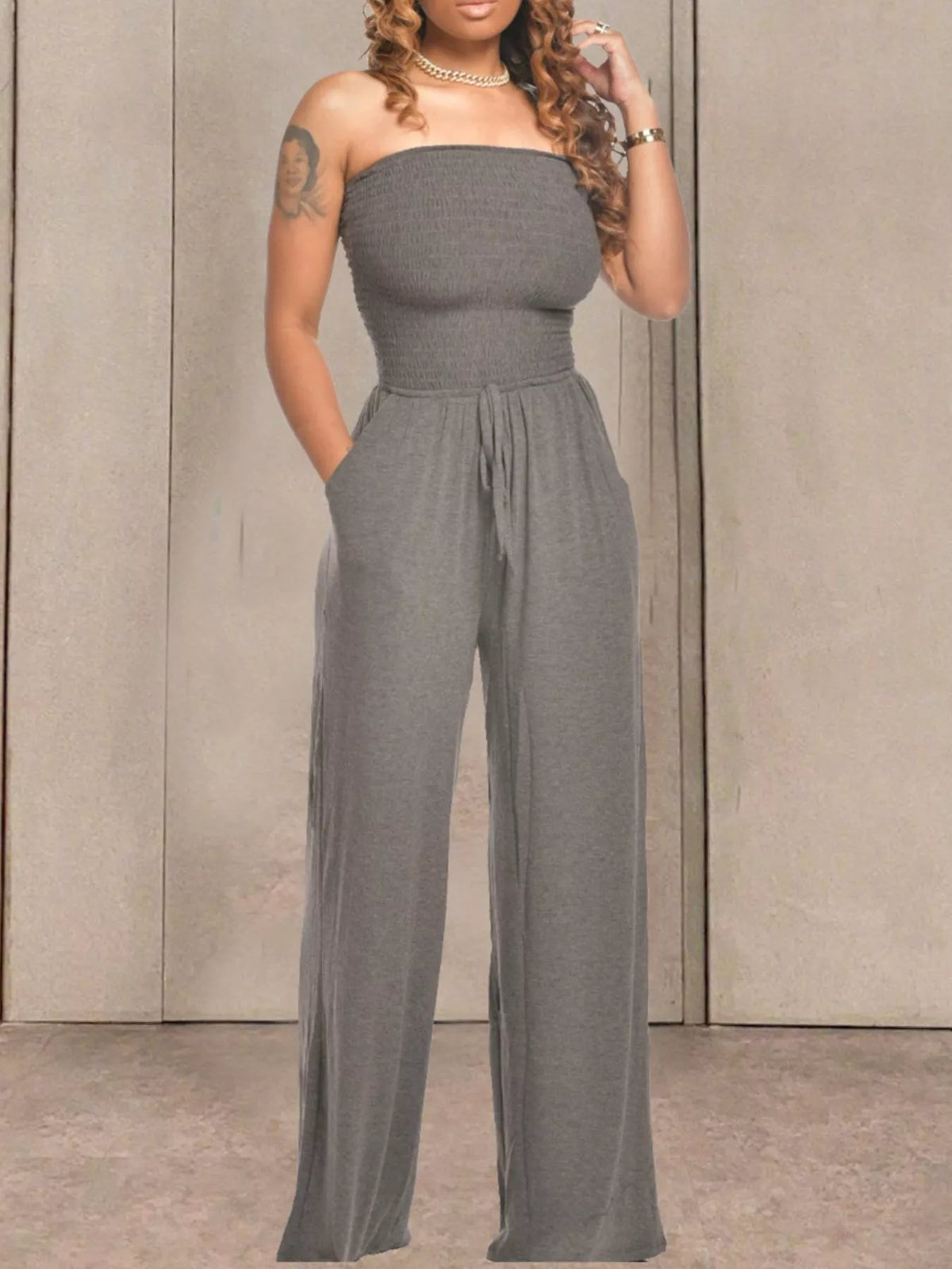 Modern Finesse Quinn Strapless Smocked Wide-Leg Jumpsuit