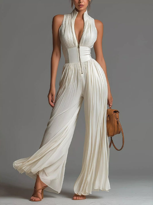 Modern Finesse Reverie Sleeveless Pleated Jumpsuit with Front Zipper